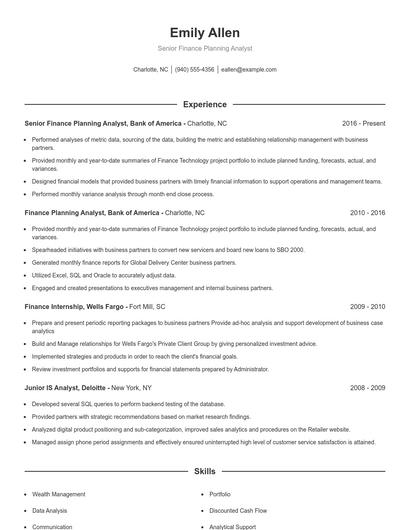 Senior Finance Planning Analyst Resume