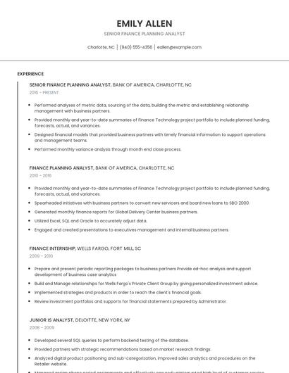 Senior Finance Planning Analyst Resume