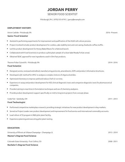 Senior Food Scientist Resume