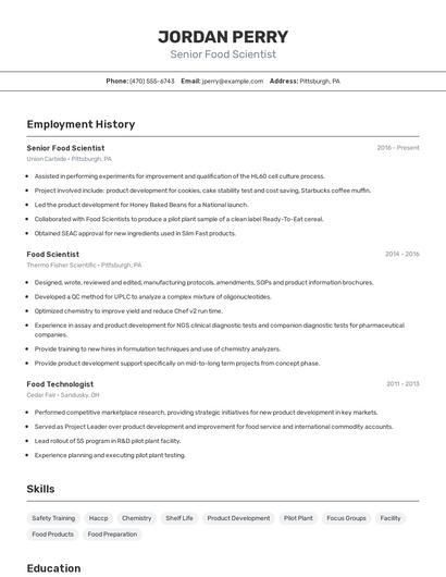 Senior Food Scientist Resume