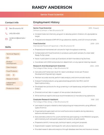 Senior Food Scientist Resume