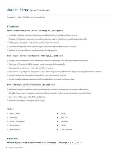 Senior Food Scientist Resume