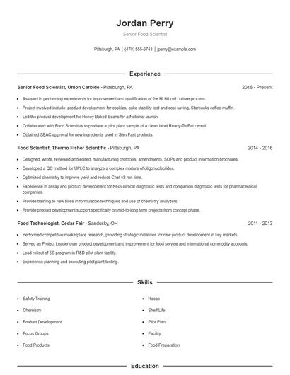 Senior Food Scientist Resume