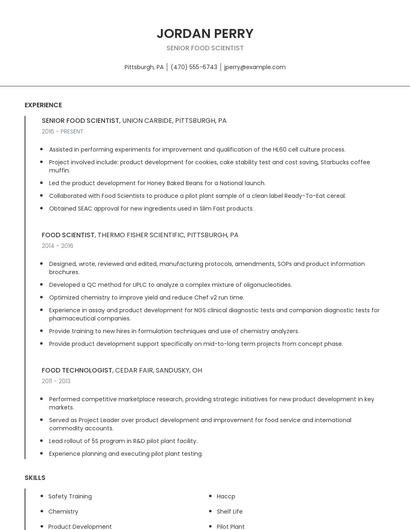 Senior Food Scientist Resume