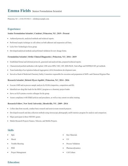 Senior Formulation Scientist Resume