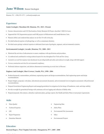 Senior Geologist Resume