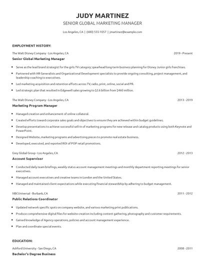 Senior Global Marketing Manager Resume