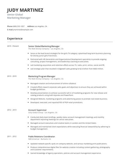 Senior Global Marketing Manager Resume
