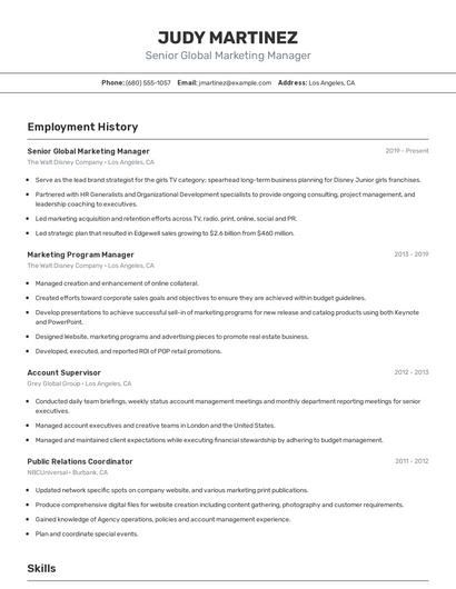 Senior Global Marketing Manager Resume