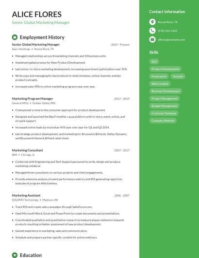 Senior Global Marketing Manager Resume