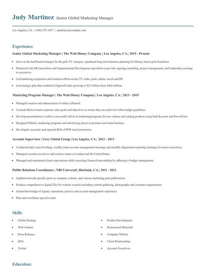 Senior Global Marketing Manager Resume