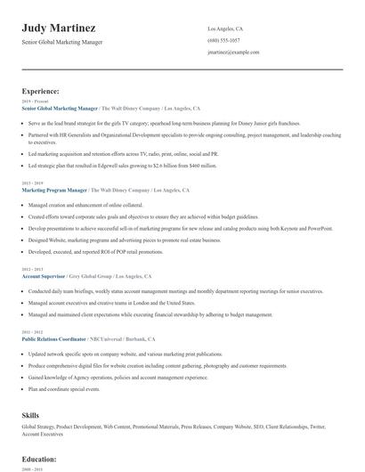 Senior Global Marketing Manager Resume
