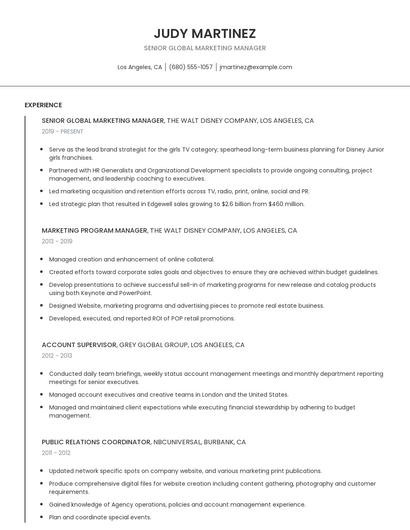 Senior Global Marketing Manager Resume