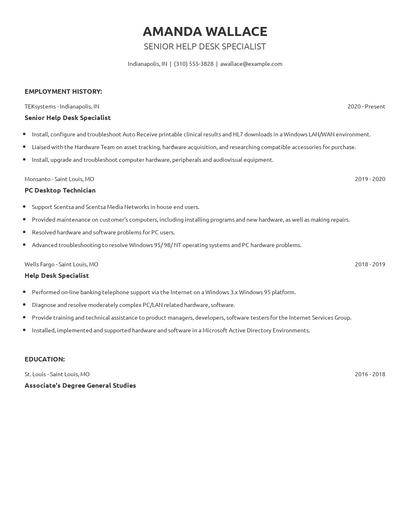 Senior Help Desk Specialist Resume