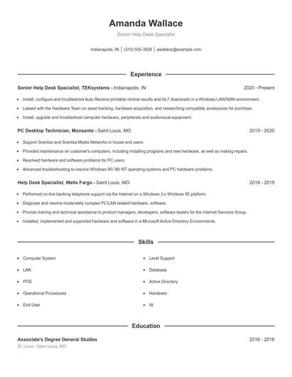 Senior Help Desk Specialist Resume