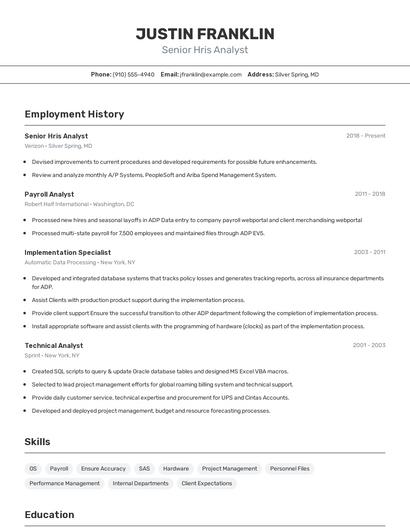 Senior Hris Analyst Resume
