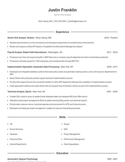 Senior Hris Analyst Resume