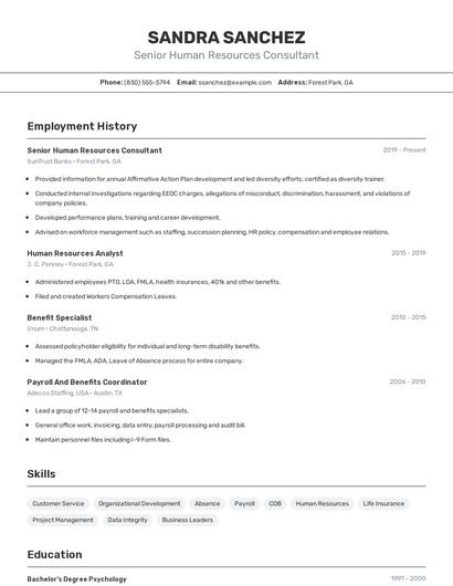 Senior Human Resources Consultant Resume
