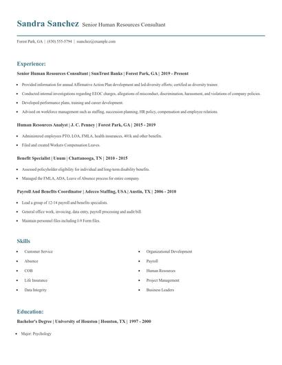 Senior Human Resources Consultant Resume