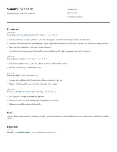 Senior Human Resources Consultant Resume