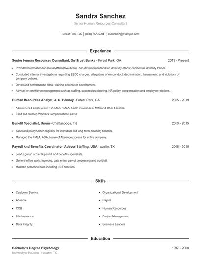 Senior Human Resources Consultant Resume