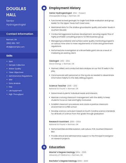 Senior Hydrogeologist Resume