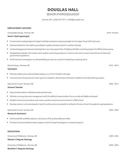 Senior Hydrogeologist Resume