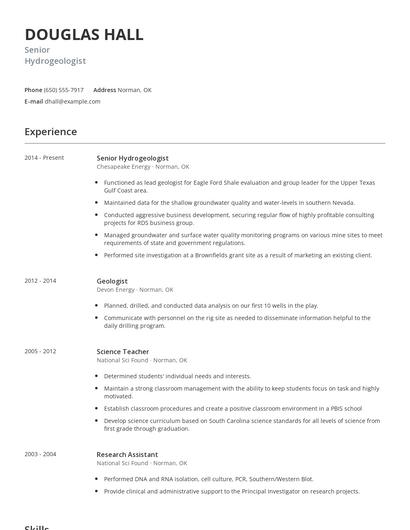 Senior Hydrogeologist Resume