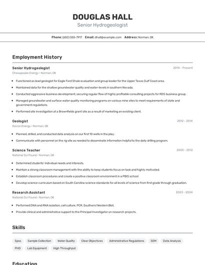 Senior Hydrogeologist Resume