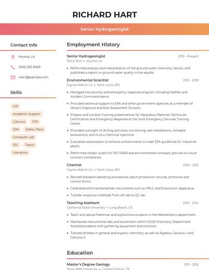 Senior Hydrogeologist Resume