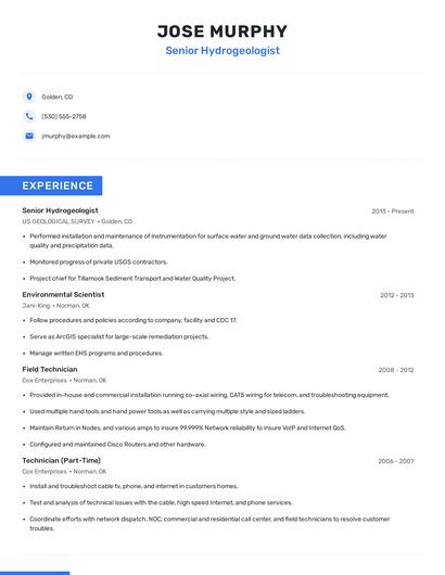 Senior Hydrogeologist Resume