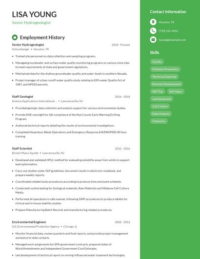 Senior Hydrogeologist Resume