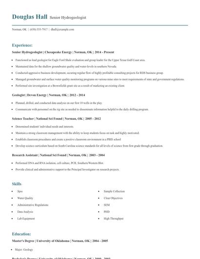 Senior Hydrogeologist Resume