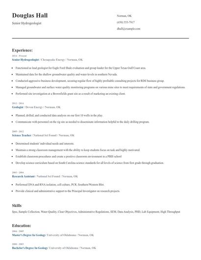 Senior Hydrogeologist Resume