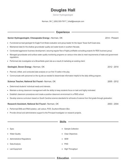 Senior Hydrogeologist Resume