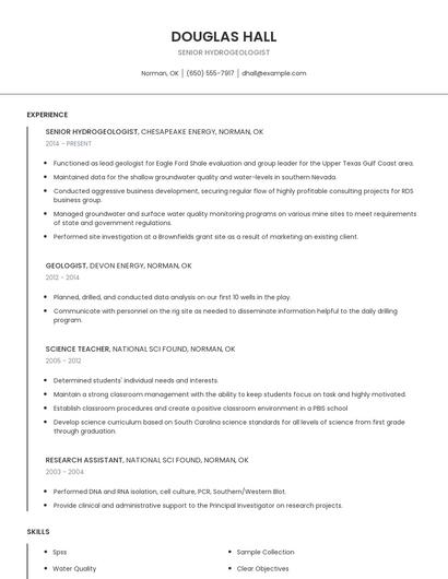 Senior Hydrogeologist Resume
