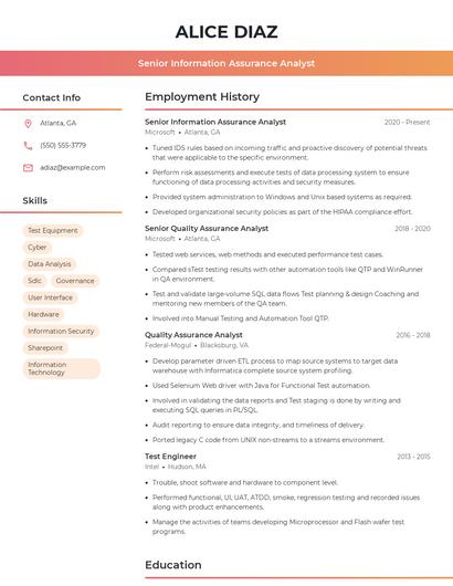 Senior Information Assurance Analyst Resume