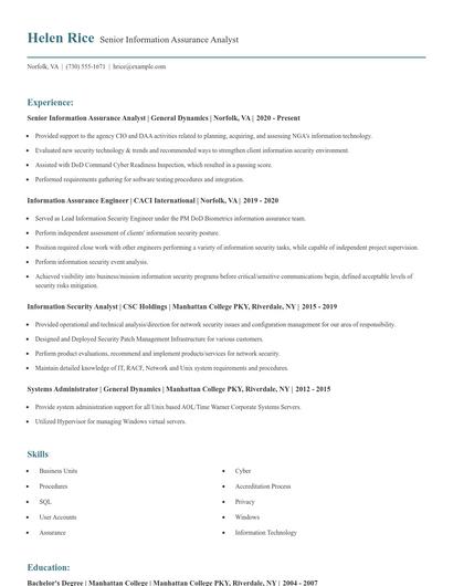 Senior Information Assurance Analyst Resume