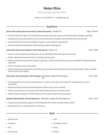 Senior Information Assurance Analyst Resume