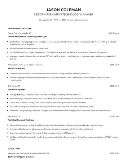 Senior Information Technology Manager Resume