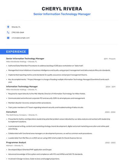 Senior Information Technology Manager Resume