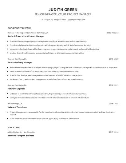 Senior Infrastructure Project Manager Resume