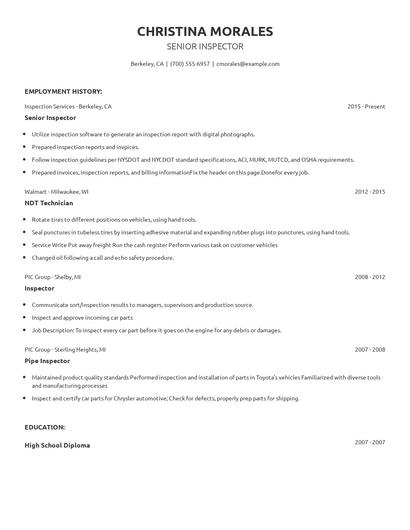 Senior Inspector Resume