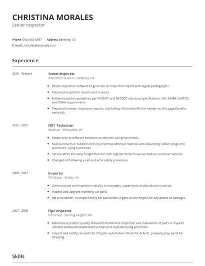 Senior Inspector Resume