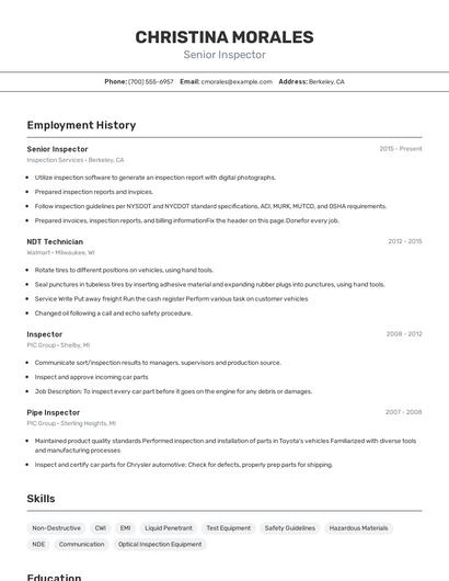 Senior Inspector Resume