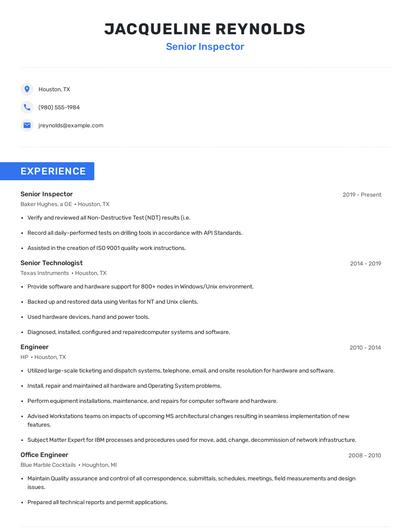 Senior Inspector Resume