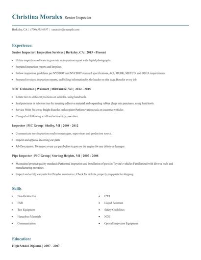 Senior Inspector Resume