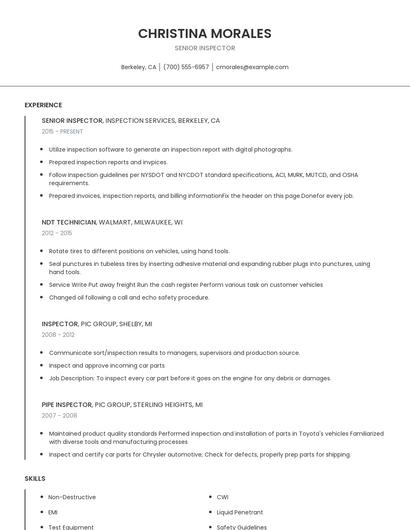Senior Inspector Resume