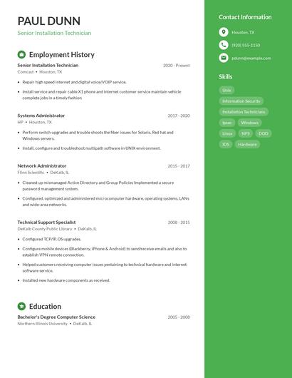 Senior Installation Technician Resume