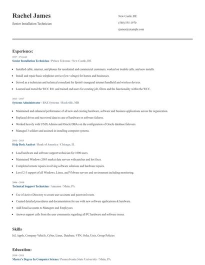 Senior Installation Technician Resume